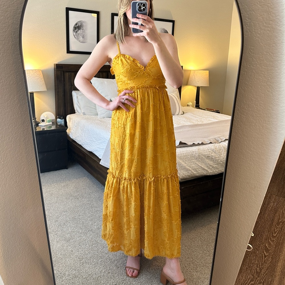 Charm and Charisma Mustard Yellow Burnout Floral Midi Dress